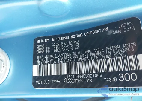 2014 Mitsubishi I-Miev Es z USA, uszkodzony, nr VIN JA3215H44EU021006